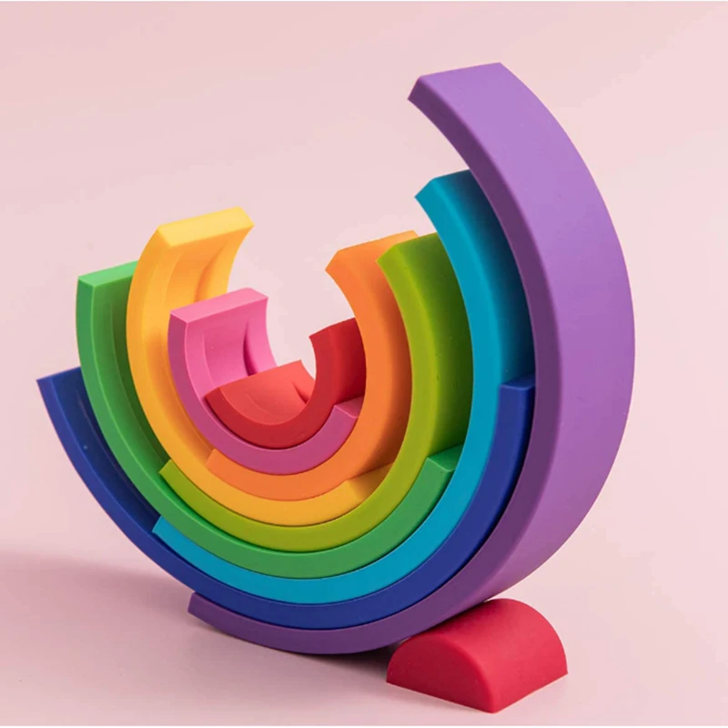 Rompecabezas Montessori de silicona, juego educativo, apilador de construcci&oacute;n en forma de arco&iacute;ris, 1 conjunto de bloques educativos, juguetes para beb&eacute;s-3