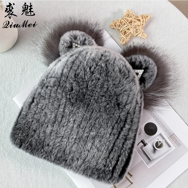 2021 Children's Fur Hats Winter Warm Rex Rabbit Fur Fox Boys And Girls  Thick Earmuffs Warm Cute Cat Ears Baby Hats Beanies