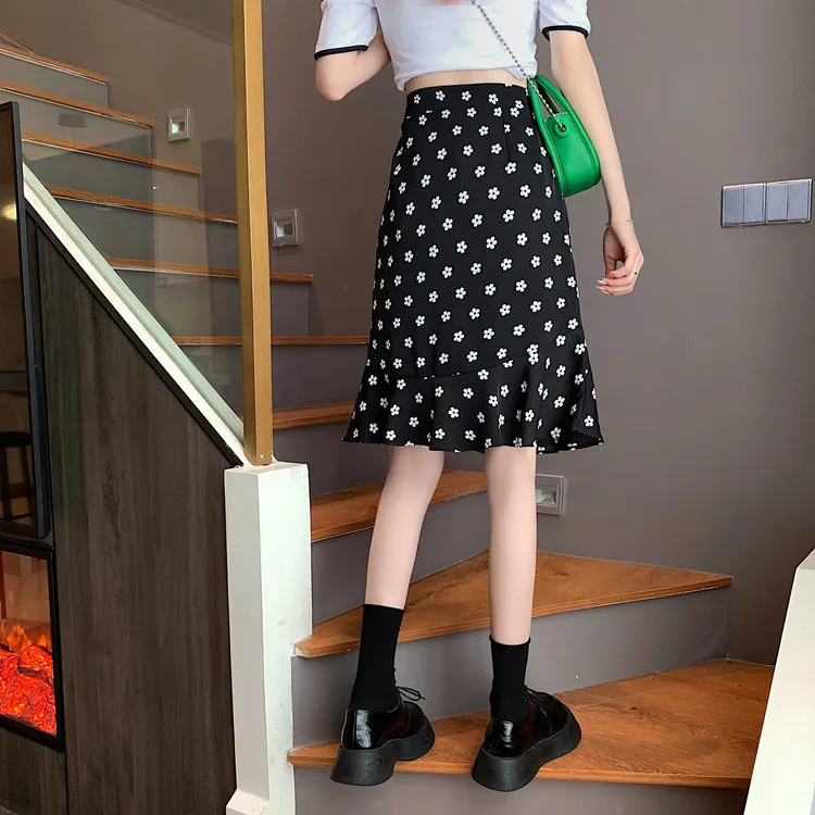 

2021 Summer Korean Fashion Floral Print Skirts for Women High Waist Iregular Knee Length Trumpet Mermaid Skirt Elegant Faldas