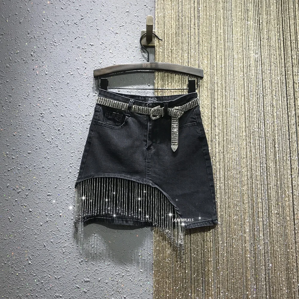 

Gothic Casual Fashion Black Rhinestone Tassel Denim Skirt Female 2021 Summer Women's New High Waist Jeans Hip Skirts Streetwear