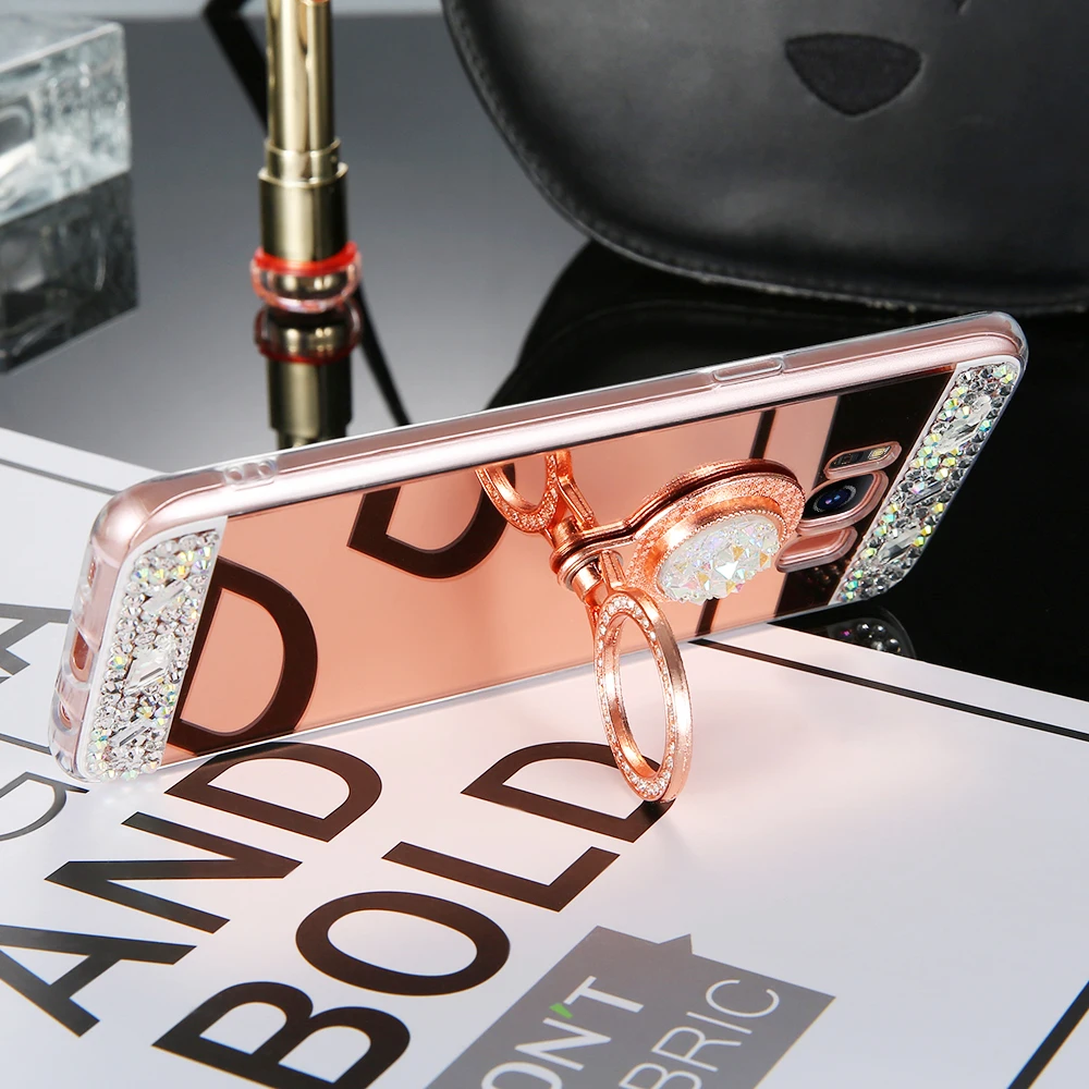 LAPOPNUT Rhinestones Metal Ring Mirror Back Case for Samsung Galaxy S20 Ultra S10 S10e Note10 8 9 S9 Plus S8 S7 S6 Edge Cover |