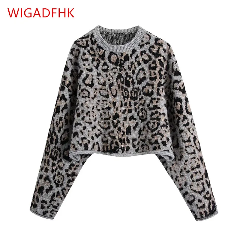 

Za Women's Leopard Jacquard Round Neck Sweater Knit Sweater Loose Long-sleeved Knit Pullover Casual Knit Top Vetement Femme