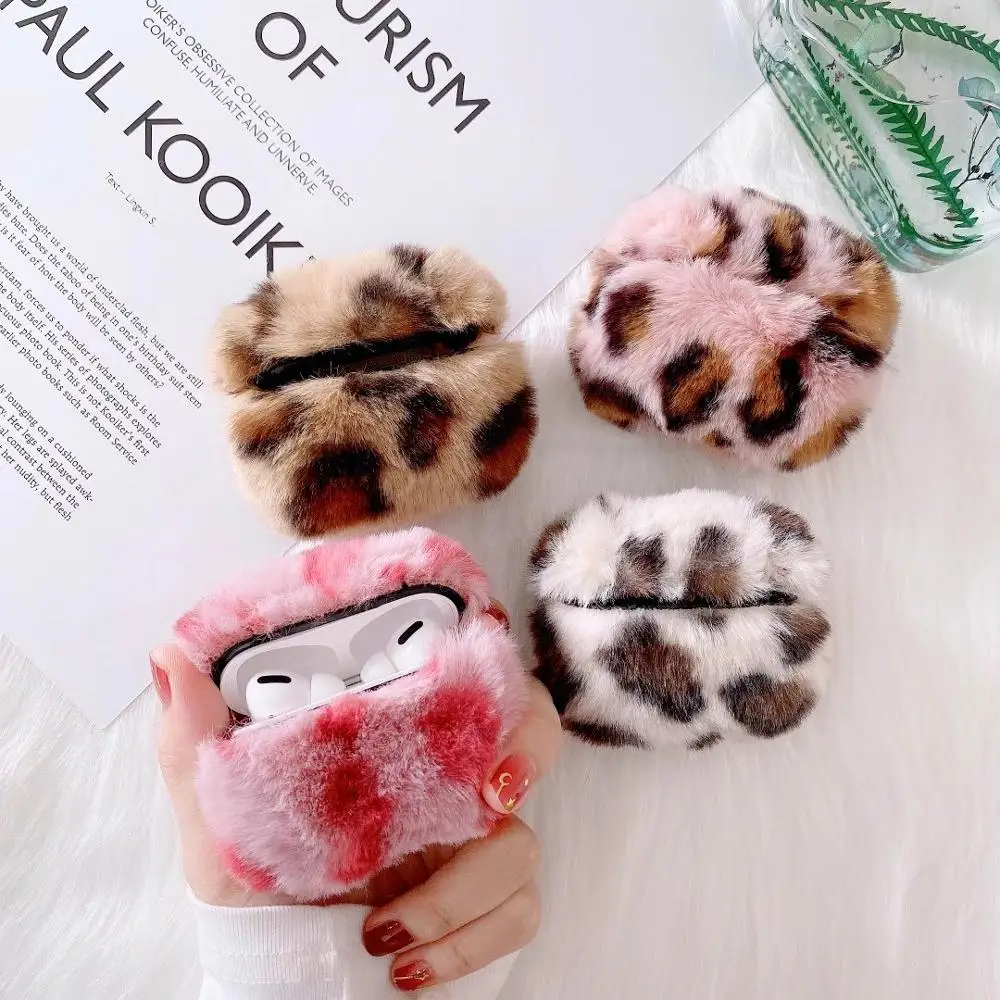 

Luxury Winter Fashion Pink Leopard Fox plush Wireless Bluetooth Headset soft cover For Airpods Pro 3 Earphone Protective case
