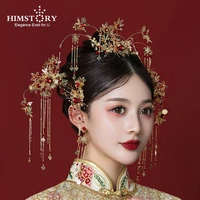 himstory chinese bride headwear gold color headdress earring crown hair comb coronet phoenix wedding hair accessories tiara
