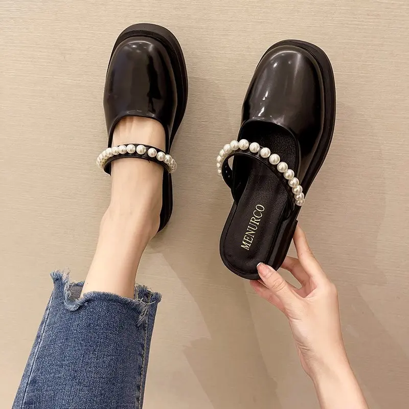 

Female Shoes House Slippers Platform String Bead Cover Toe Slides Square heel Med 2021 Block Mary Janes Hoof Heels Rubber PU