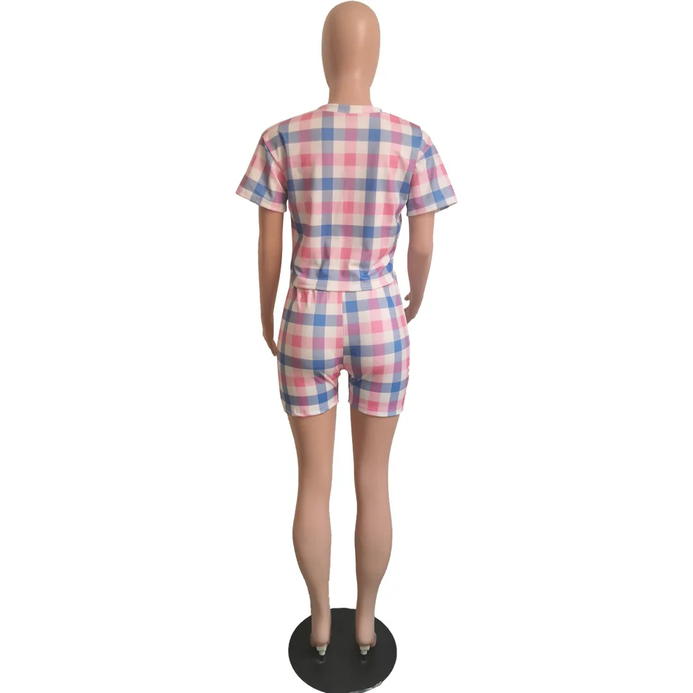

2 Piece Sets Womens Outfits Plaid Print Sexy V Neck Short Sleeve Crop Top and Short Set Pink Outfits Two Piece Set Matching Sets