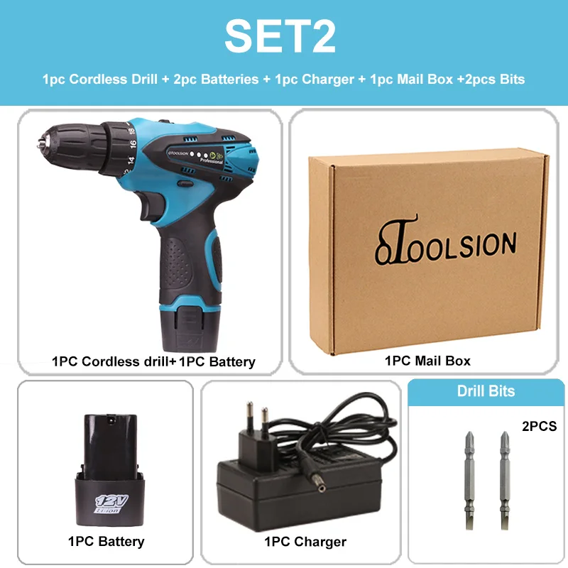 SET2 (2 pc battery) 21 в 1.3ач маленькая дрель Беспроводная Дрель аккумуляторные инструменты 12 В Электрическая дрель шуруповерт батарея ручная дрель с ящиком для инструментов двойная скорость - Цвет: SET2 (2 pc battery)