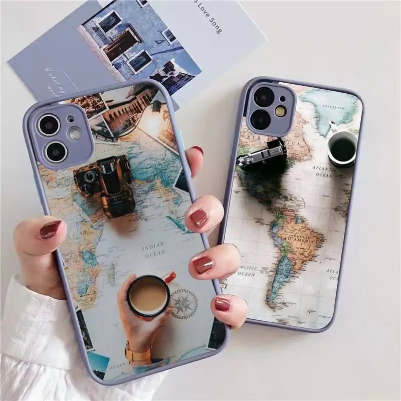 

World Map Travel Phone Case For iphone 13 12 11 xr xs x 7 8 pro max Light gray Soft TPU Silicone Clear Case Cover