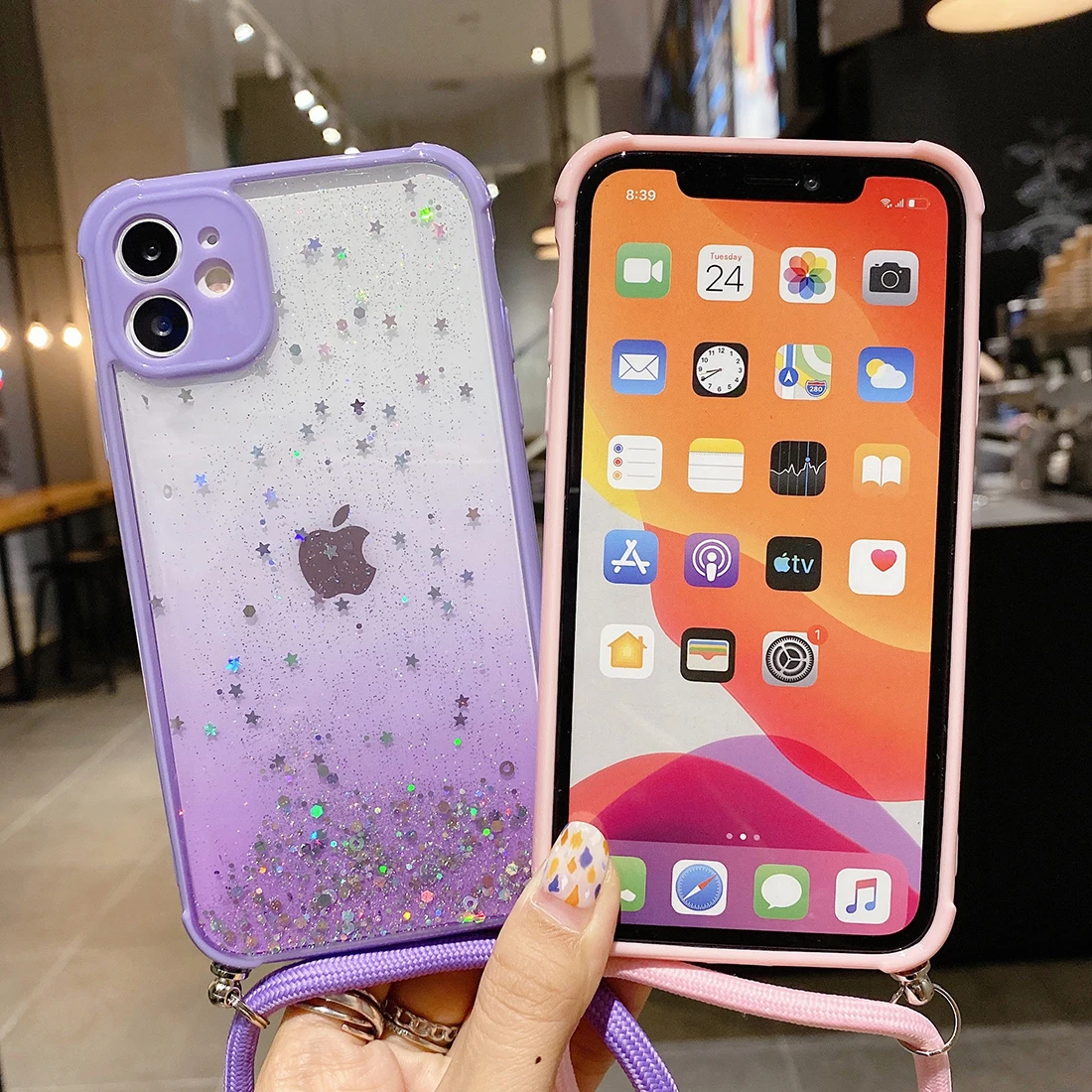 

New Epoxy Gold Glitter Starry Sky Lanyard Phone Case, Suitable For iPhone 12 11 Pro SE Xs X Max 8 7 Plus Silicone Back Cover