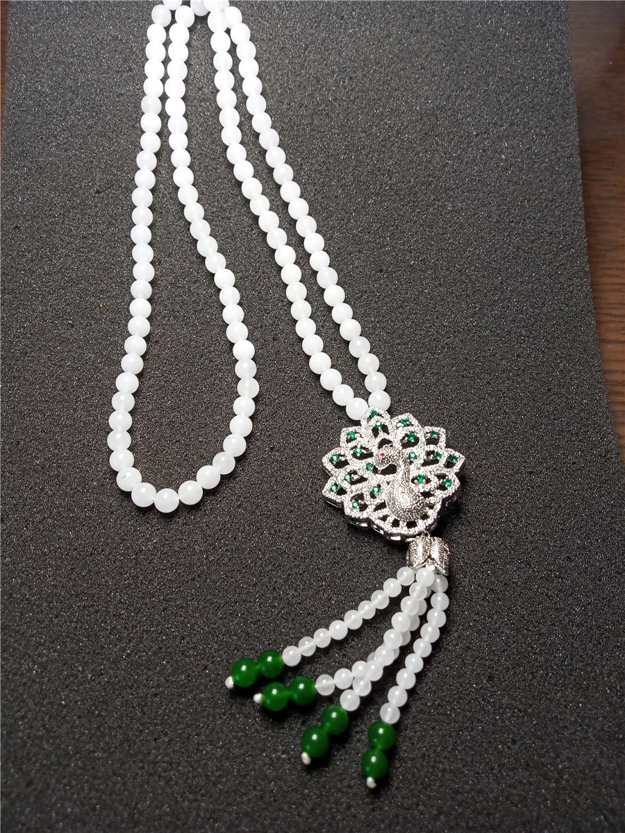 

LETSFUN Natural White Jade Bead Rhinestone Green Jade Women Long Peacock Necklace