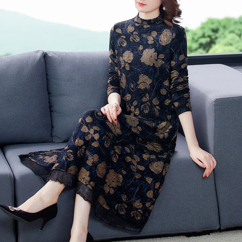 

2021 Autumn Vintage Floral Knitting Sequins Dresses Winter Casual 4XL Plus Size Midi Dress Elegant Women Bodycon Party Vestidos