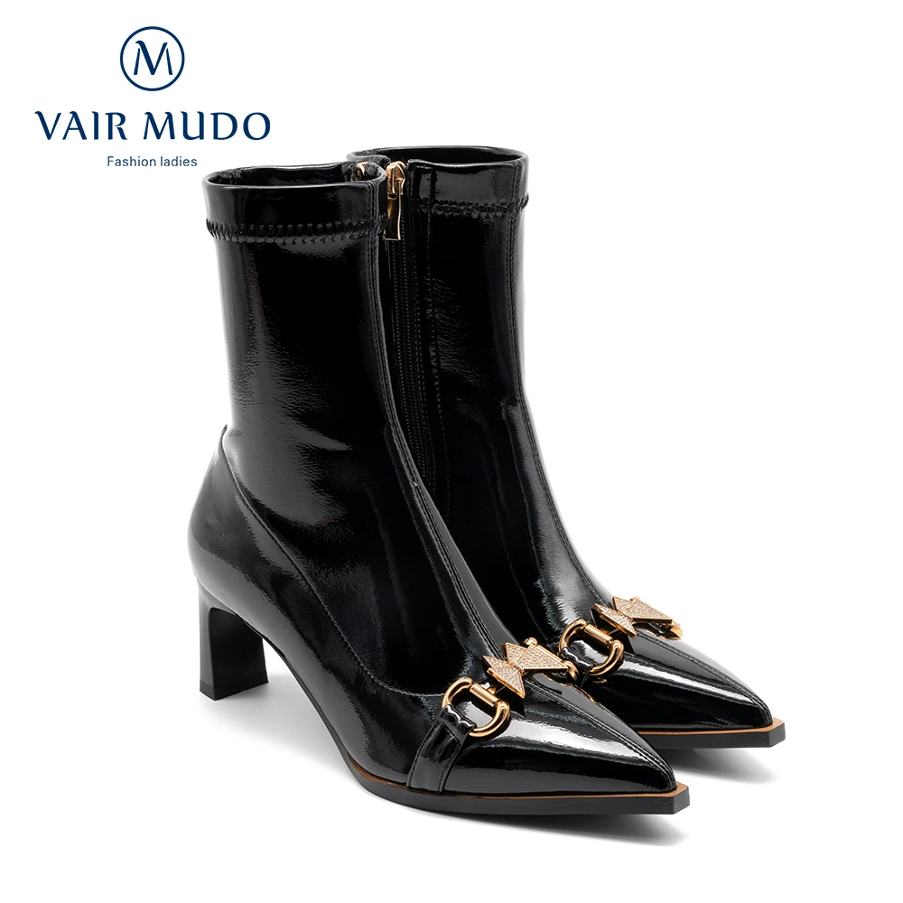 

VAIR MUDO Autumn Winter Modern Boots Shoes Women High Heels Pointed Toe Fashion Elegant Black Boot Shoes Genuine Leather DX234L