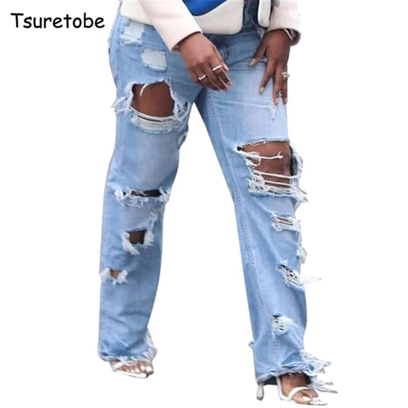 Tsuretobe уличная одежда рваные джинсы для женщин модные джинсовые узкие брюки с