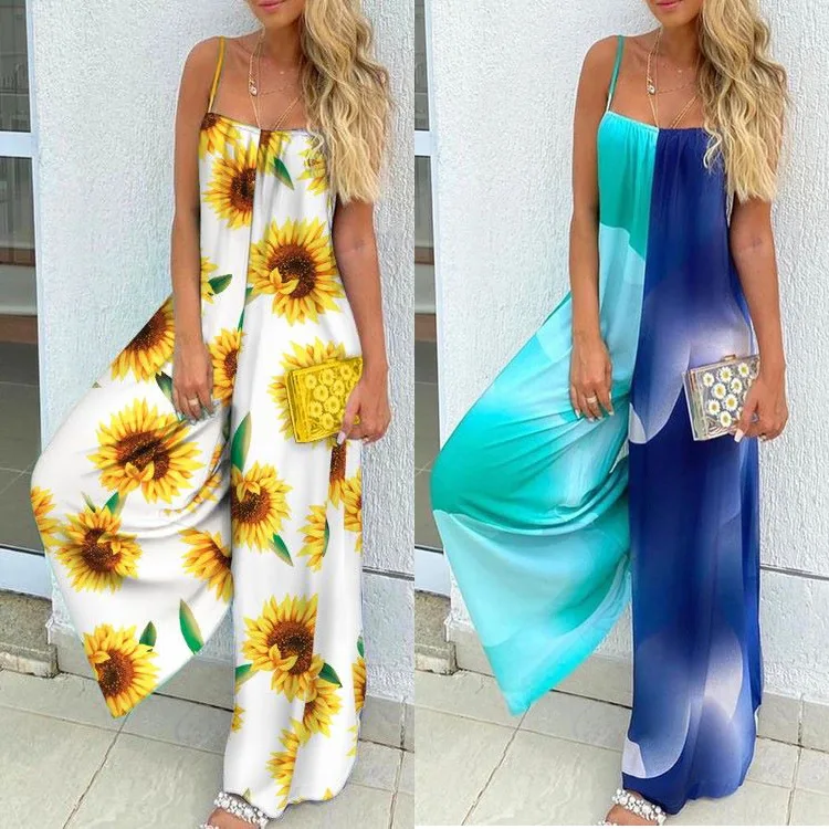 

Women Rompers Summer Sleeveless Playsuits Casual Loose Jumpsuits Wide Leg High-waisted Overalls Printed Trousers Suspenders New