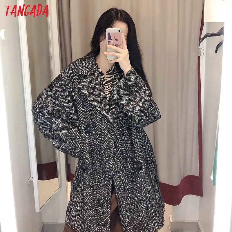Tangada женское винтажное плотное длинное пальто на пуговицах зимнее элегантное офисное теплое пальто винтажная верхняя одежда с длинным рукавом 4M24
