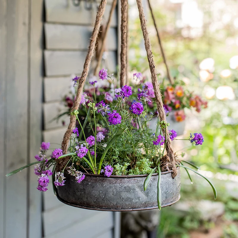 Large Handmade Retro Rope Hanging Zinc Round Planter Set