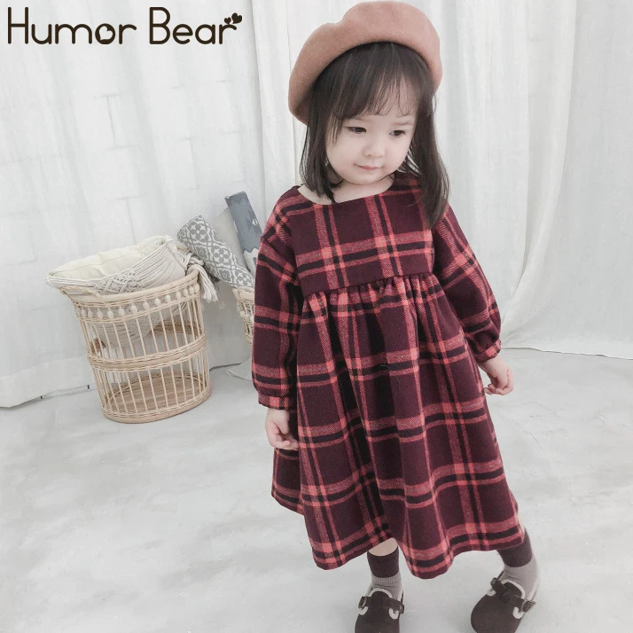 Бежевый Humor Bear/осенне-зимнее милое длинное клетчатое платье с пышными рукавами для девочек, модное шерстяное повседневное детское платье принцессы - Цвет: Бежевый
