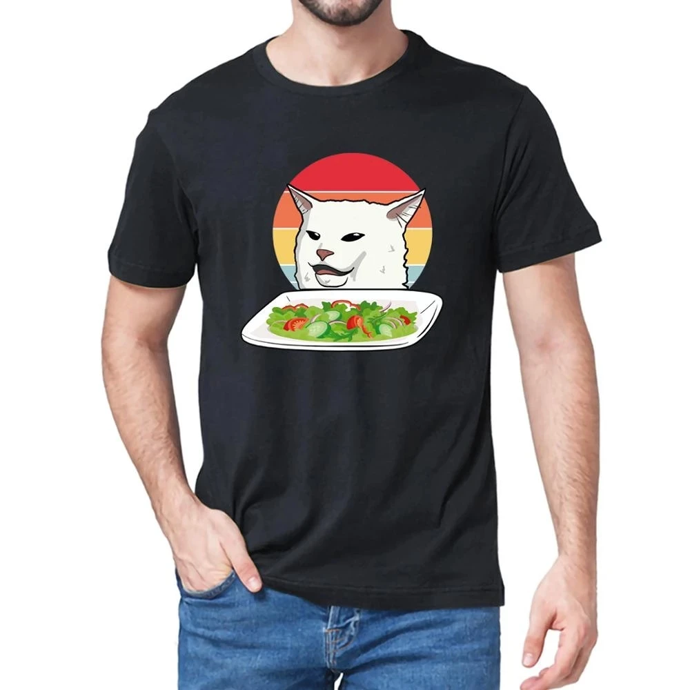 

Men's Women's Cotton T-shirt Dining Table Cat Printed Cotton Shirt Retro Style 2021 Harajuku Short Sleeve T-shirt