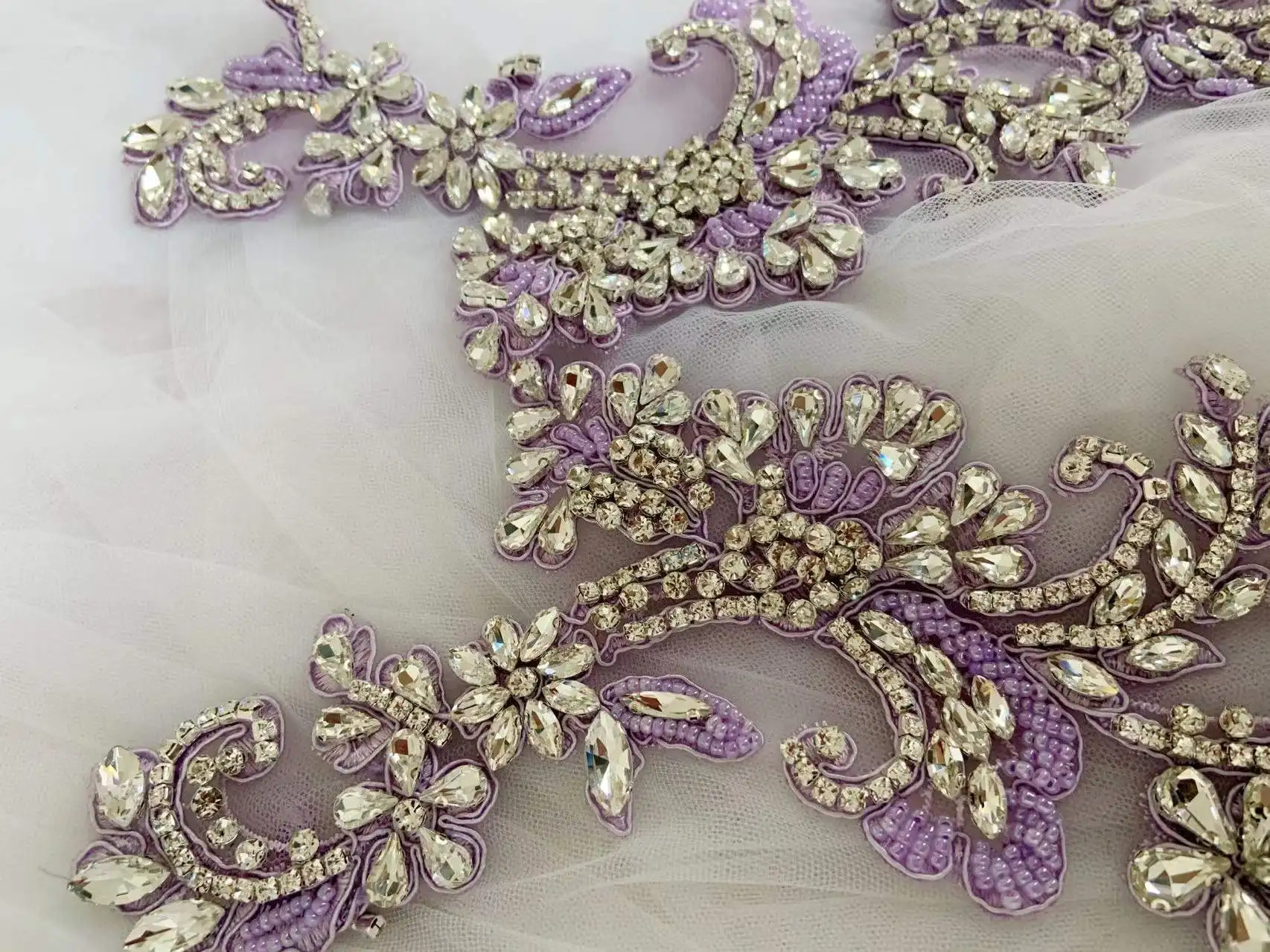1 Pair Purple Luxury Rhinestone Applique Crystal Bodice Patch 3D Flowers Sparkle Bead for Couture,Dance Handcrafted,Bridal Decor