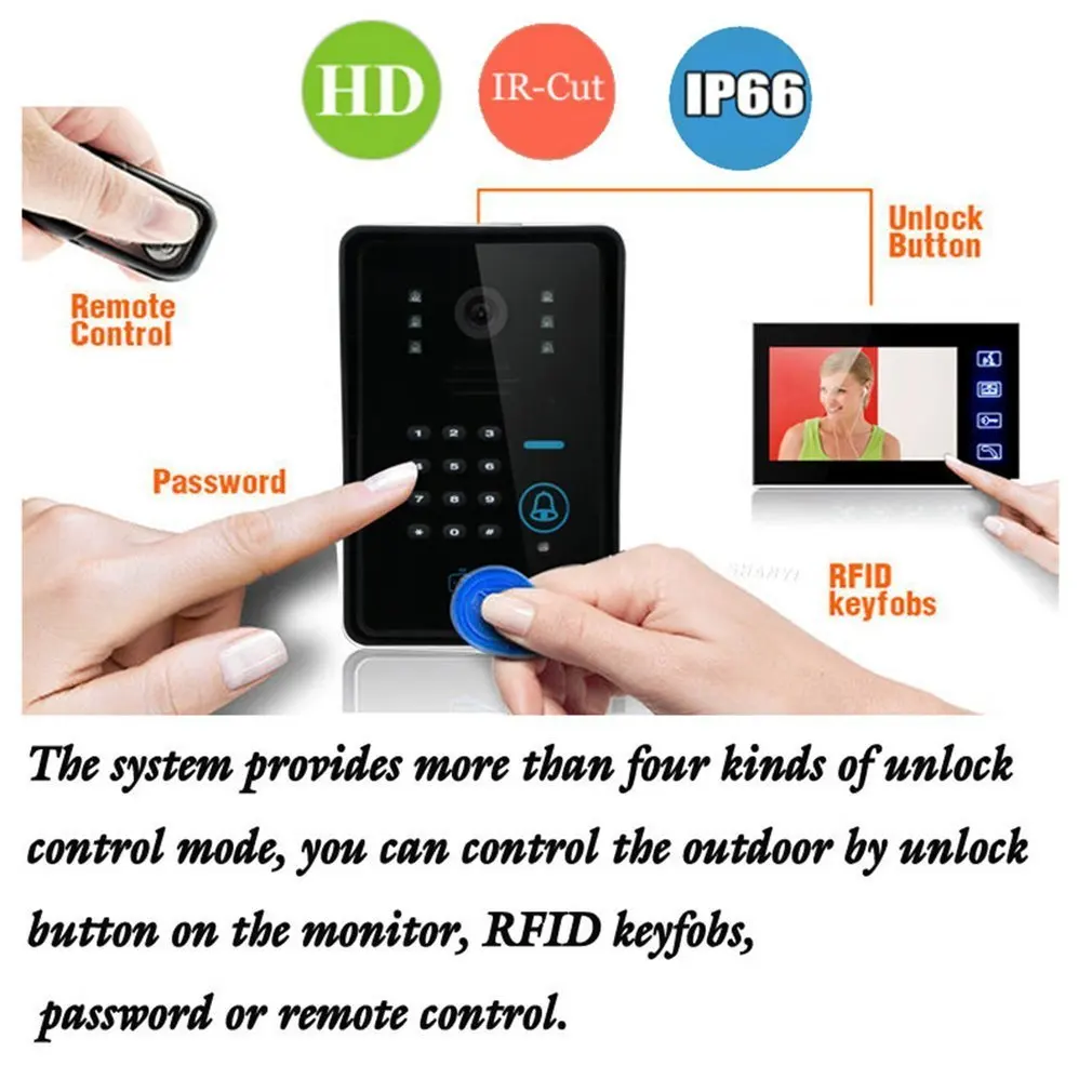 7 дюймов Цвет HD сенсорный Экран проводной RFID пароль видео телефон двери дверной