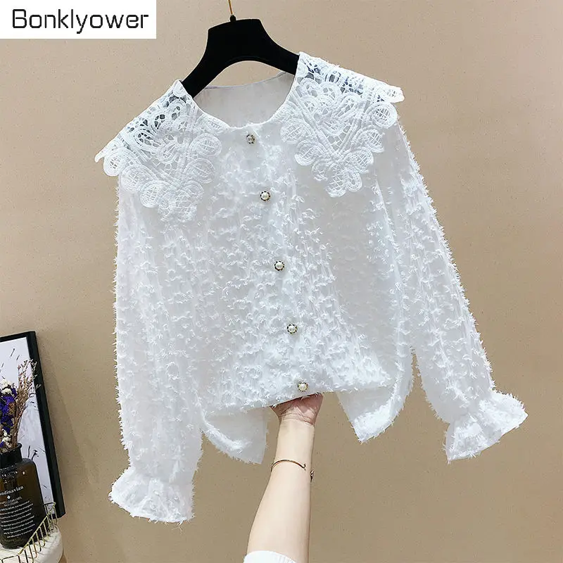Женская кружевная ажурная блузка белая Свободная с длинным рукавом рубашки на