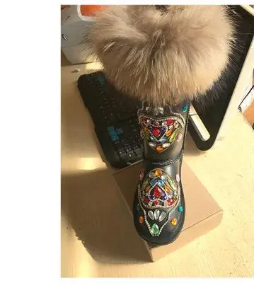 Зима; теплые ботинки с мехом; зимние сапоги Роскошная обувь с украшением в виде кристаллов Стразы Лук кожи; нескользящая обувь из водонепроницаемого материала с утолщенной подошвой; Лидер продаж - Цвет: Темно-серый