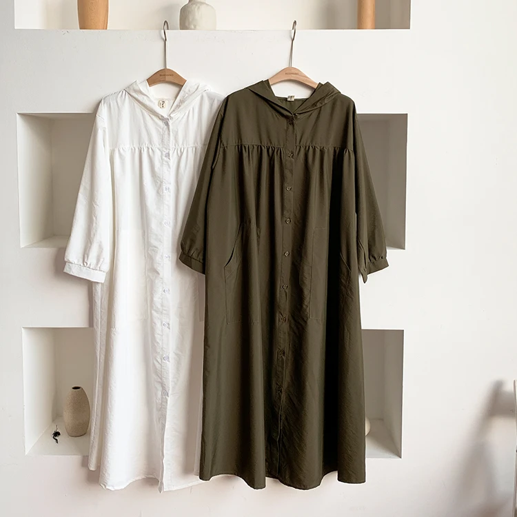 

COIGARSAM Hooded Women dress New Spring Loose Solid Puff Sleeve Single Breasted Turn-down Collar Dresses Black White 0128