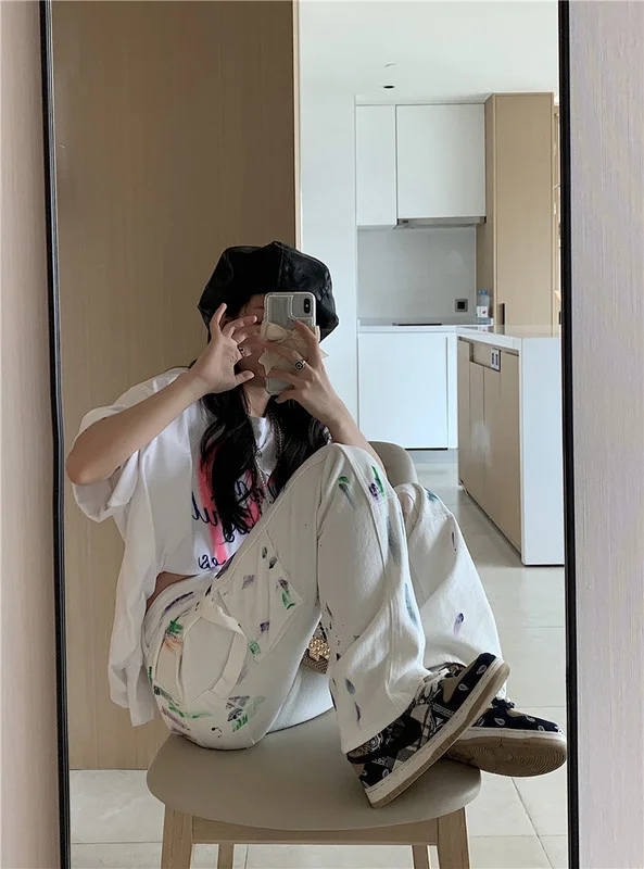 Белый брызговик в Корейском стиле-джинсы Ink Rac | Женская одежда