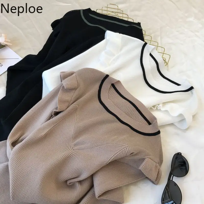 Neploe Ins/элегантный трикотажный женский свитер с О-образным вырезом оборками