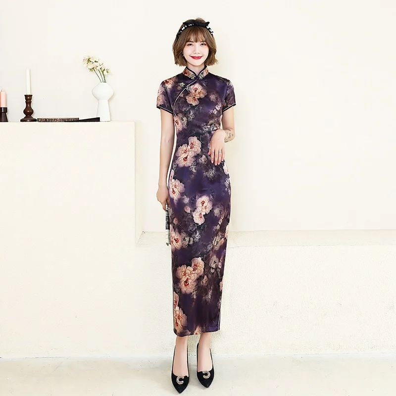

Elegant Woman Cheongsam Dress Plus Size Slim Vintage Short Sleeve Dress Female Traditional Silk Floral Print Midi Dress Spring