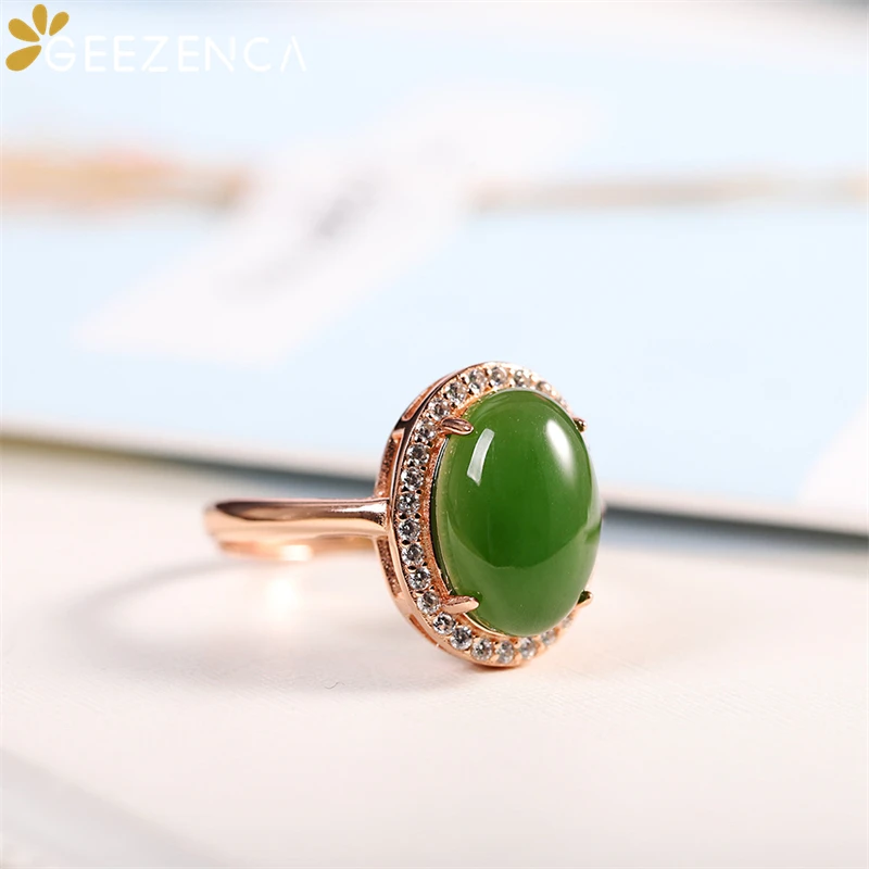 

GEEZENCA S925 Silver Rose Gold Plated Oval Jasper Ring For Women Green Jade Classic Court Style Resizable Rings Fine Jewel Gift