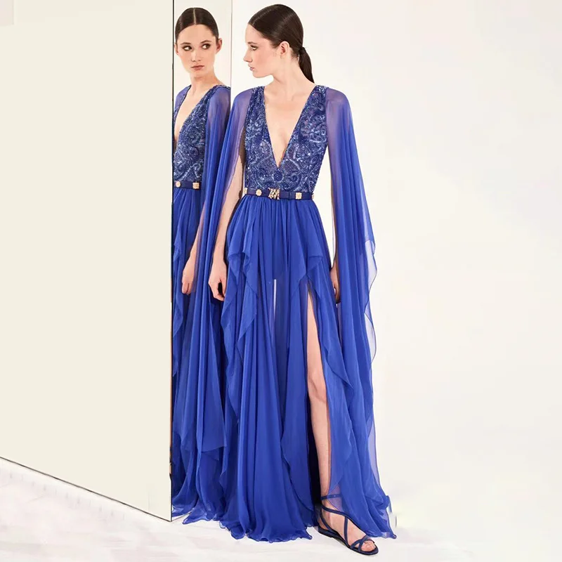

Deep V Neck Sequined Blue Long Dress 2021 New Sexy Women's Dress Celebrity Party Dress Ruffle Design