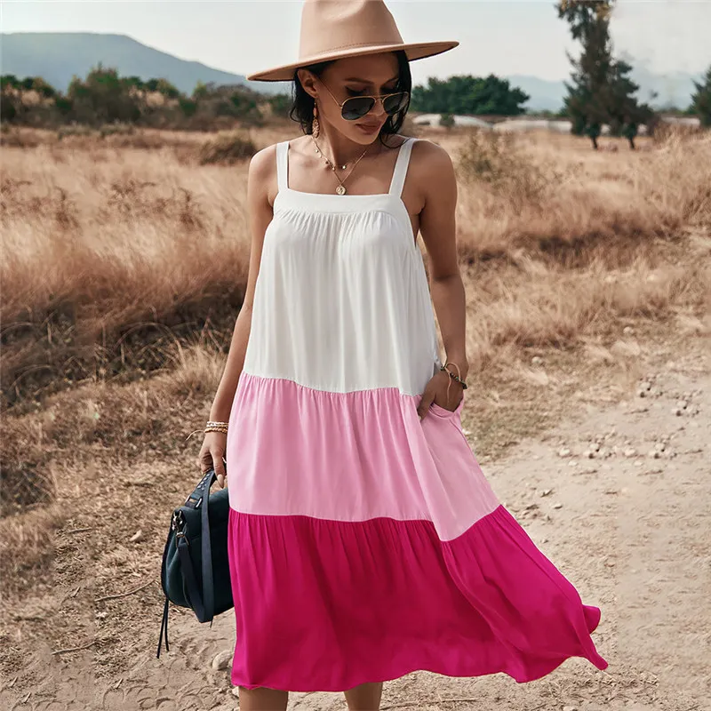

2021 Spring New Spaghetti Strap Dress Women Casual Patchwork Color Loose Sling Dress for Woman Sexy Sleeveless Summer Dress