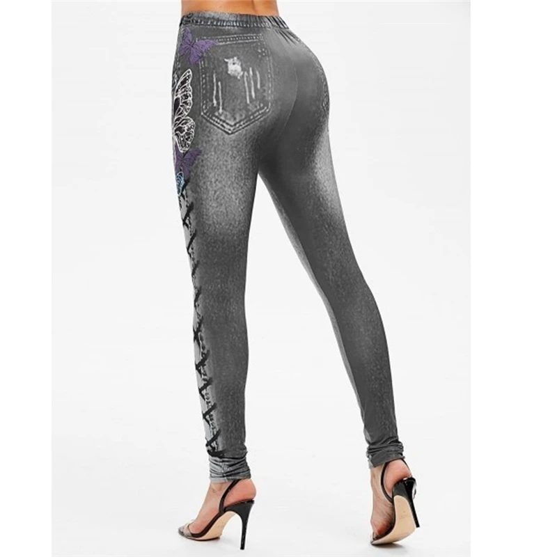 

GAOKE Slim Women Leggings Print Butterfly Pencil Faux Denim Jeans Casual Black Leggings Plus Size S-3XL