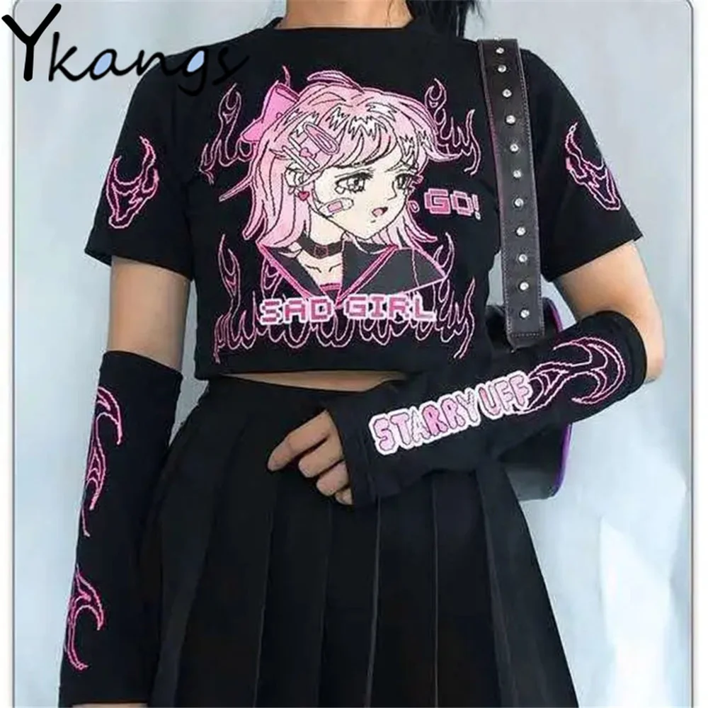 

Футболка женская в стиле Харадзюку, крутая приталенная рубашка с винтажным анимационным принтом в стиле панк, летняя готическая одежда с ко...