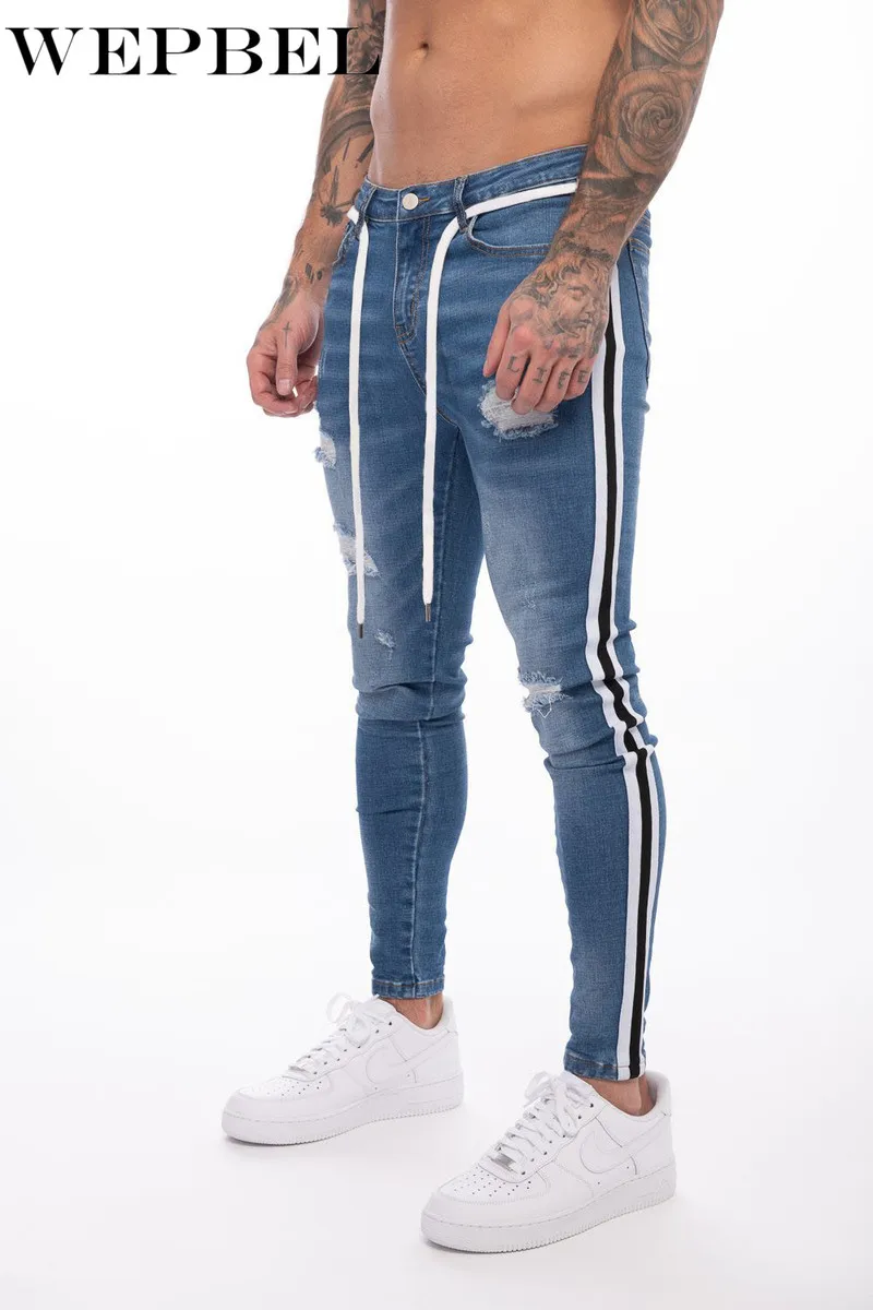 

WEPBEL Men Hip Hop Stripe Denim Pants Male Stretchy Pencil Bottoms Street Knee Ripped Holes Casual Jeans