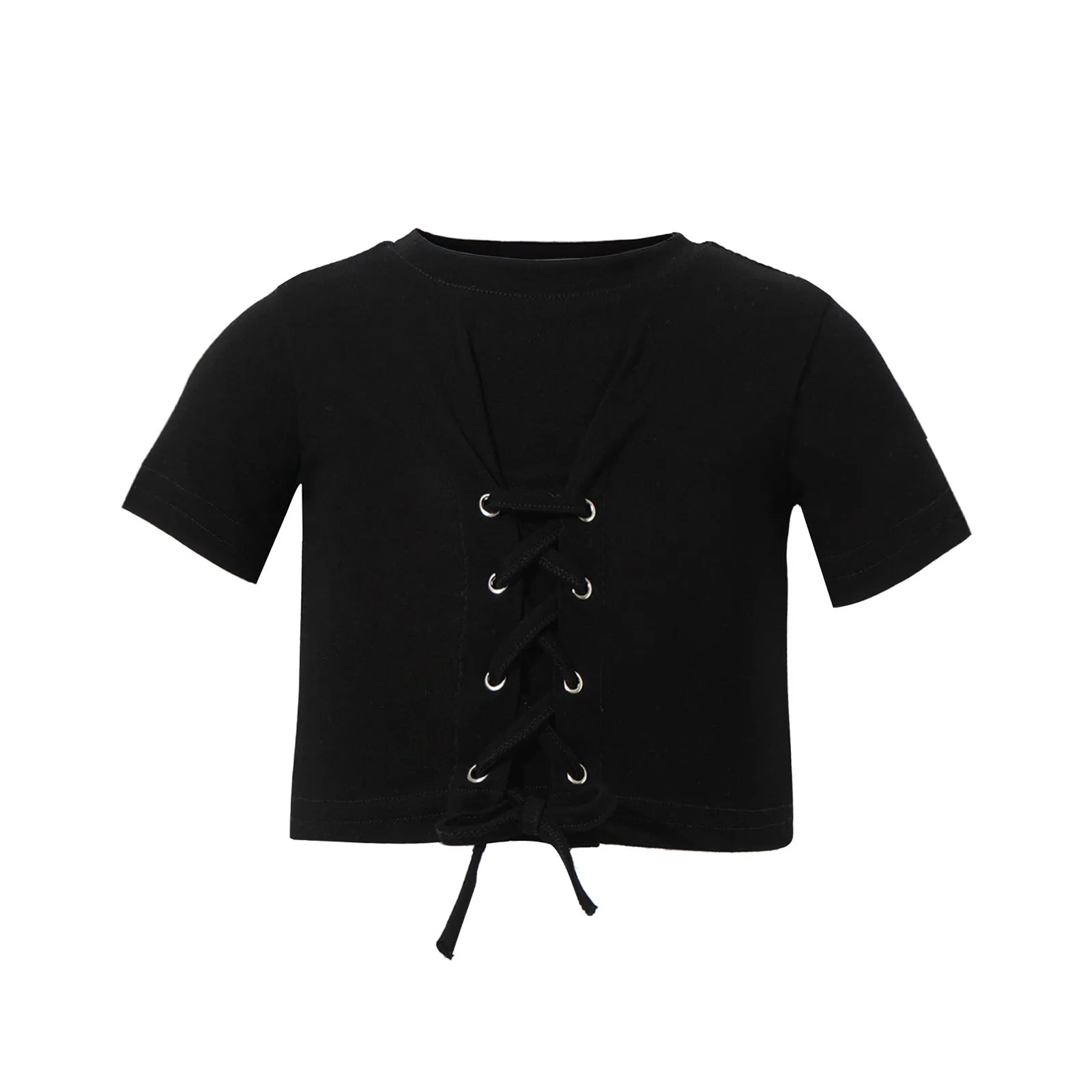 

Kids Girls Cotton Summer Dance Sport T-shirt Top Pure Color Short Sleeve Decorative Cross Straps Cropped T-shirt Tops Sportswear