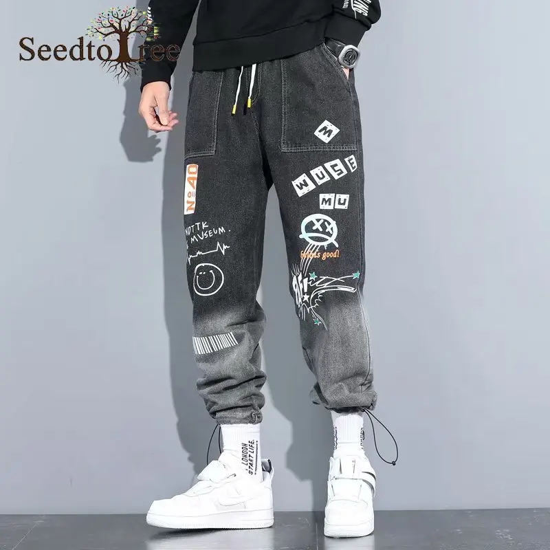 Printed Korean Men's Jeans Loose Denim S-5XL Large Size Casual Pants Hip Hop Cargo Pants Overalls