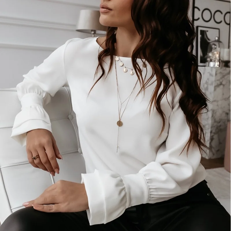 

2020 Autumn Long Sleeve Casual Office White Blouse Women O Neck Pullover Tops Loose Solid Shirt Blusas Female Clothing Blouses