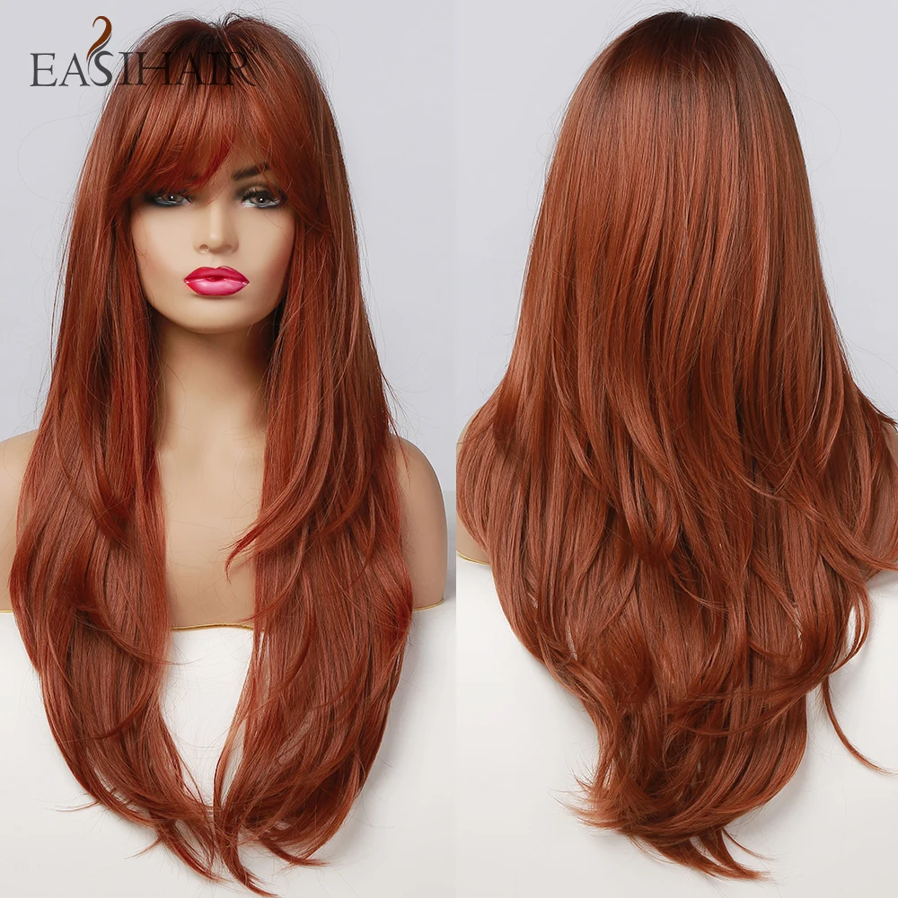 EASIHAIR Long Red Brown Synthetic Wigs with Bangs Natural Hair Wigs for Women Daily Cosplay Heat Resistant