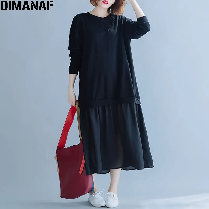 Женское шифоновое платье DIMANAF однотонное черное большого размера с длинным