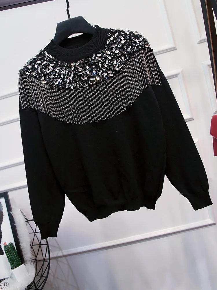 

BabYoung Autumn New Women's Clothing Style Rhinestone Tassel Long Sleeve Loose Knit Sweater Casual Pants Two Piece Suit Dress