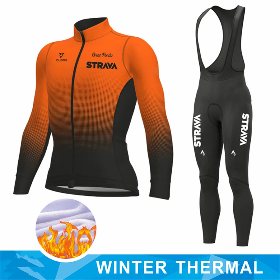 

STRAVA Team Winter Thermal Fleece Cycling Clothes Men Long Sleeve Jersey Suit Outdoor Riding Bike MTB Clothing Bib Pants Set
