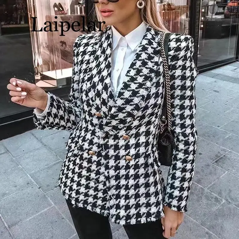 

Women Tweed Jackets 2019 Fashion Office Ladies Black Tassel Houndstooth Coats Female Autumn Vintage Thick Plaid Coat Girls Chic