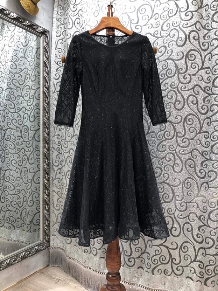 

Embroidery Dress Sequined 2021 Spring Summer Party Club Women Luxurious Embroidery 3/4 Sleeve Slim Fitted A-Line Golden Dress