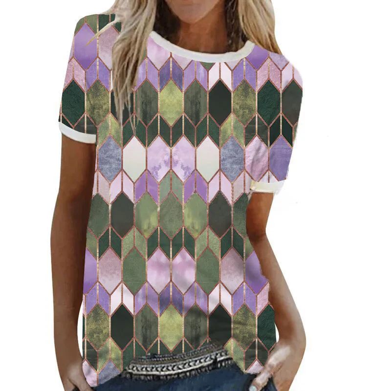 

2021 Summer Large Size Blouse with Slim Round Neck Geometric Pattern Printing Patchwork Short-sleeved T-shirts for Women