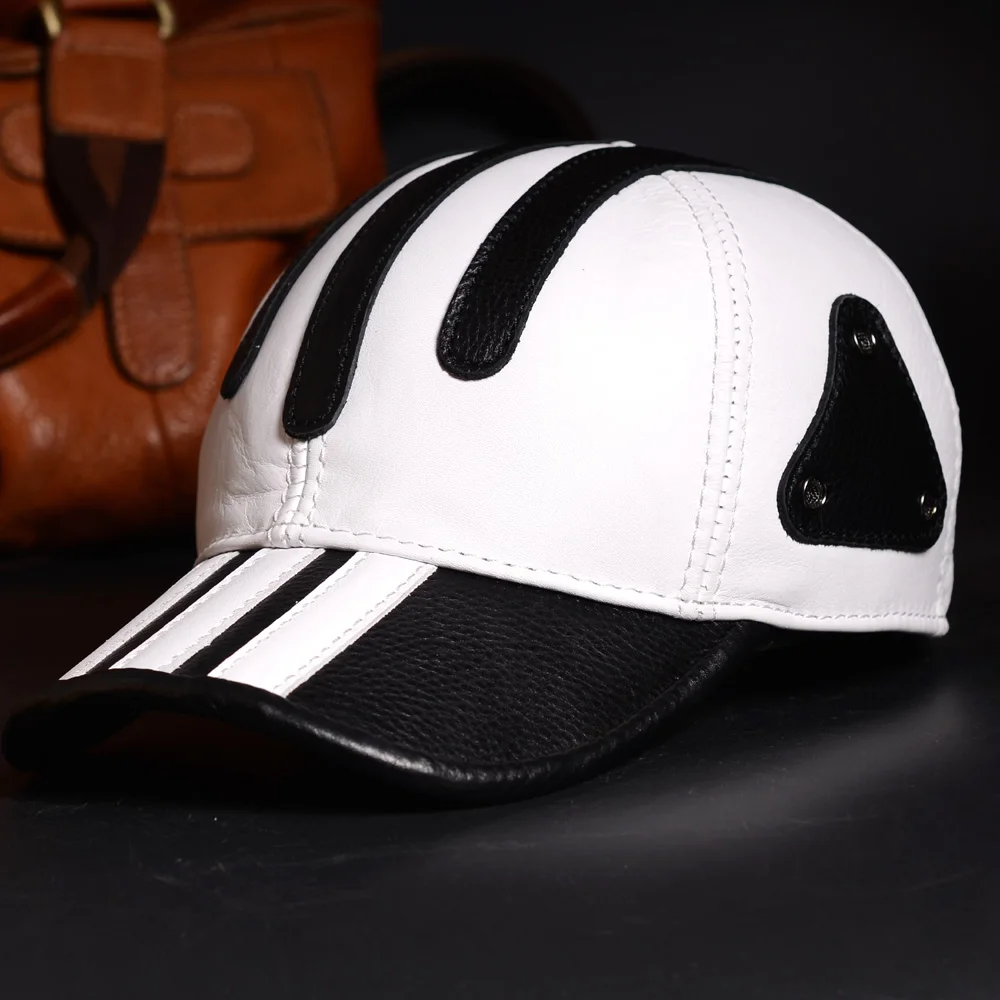 Men's Women's 100% Real Leather Cowhide Adjustable White Baseball Cap Unisex Trucker Cap Golf Caps/Hats