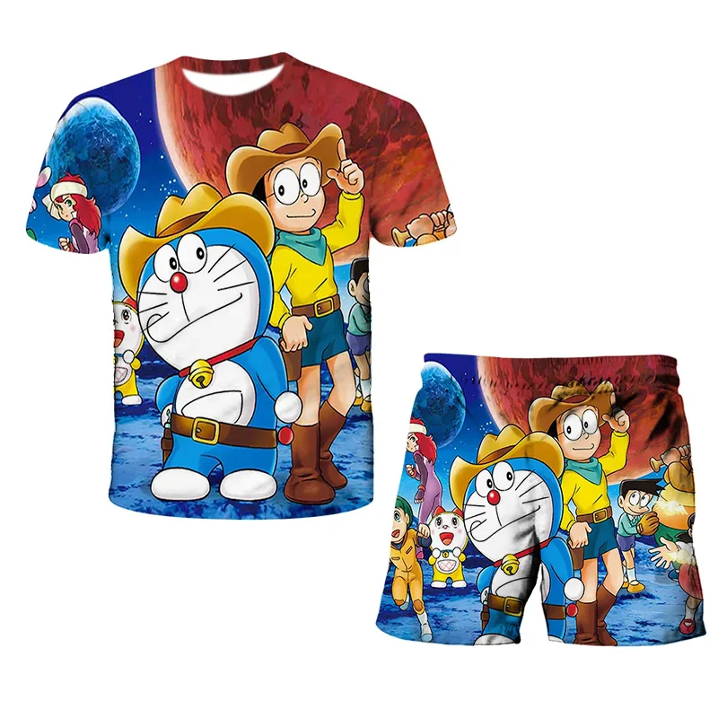 

Children's 3D Printing Animation Girl Cartoon Suit Fashion Graffiti Short Sleeve Boys Casual T-shirt + Shorts Summer 4-14 years