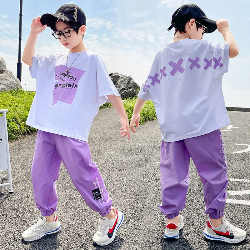 

Kids boys summer short-sleeved suit letters printed T-shirt + pants 2pcs sets of new big virgin suit 4-12 years old