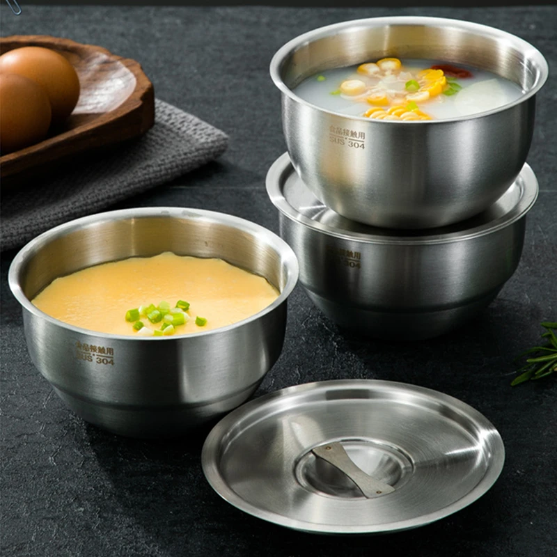 

Stainless Steel Steamed Egg Ramen Bowl Rice Fruit Salad Stew Bowls With Lids Soup Cup Food Container Kitchen Tableware Supplies